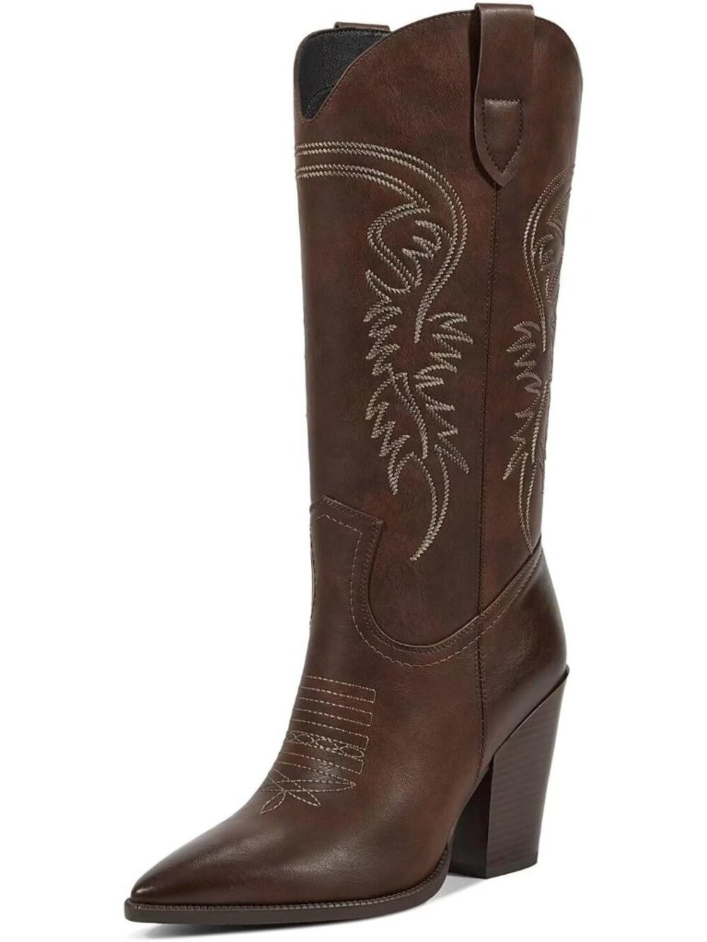 Women Matte Dark Brown Faux Leather Cowboy Pointed Toe Chunky Heel Western Boot - Picture 1 of 6